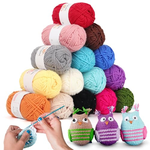 Aeelike 375g(15x25g) Wolle zum Häkeln Handstrickgarn für Anfänger, Baumwolle zum Stricken Häkelgarn, Ultraweiches Acryl-Strickgarn Bunte, Acrylwolle Baumwollgarn für Häkeln und Kunsthandwerk