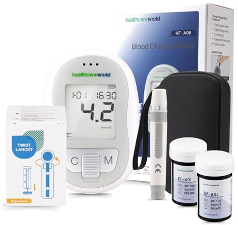Healthcare World Blood Sugar Monitor Kit – No Coding Glucose Meter, 5s Results, Low-Pain Lancing Device, 60 Test Strips & 60 Lancets