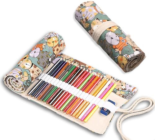 IKOPFLN Rollmäppchen, 48 Löcher Canvas Pencil Bag, Bleistifthalter für Künstler, Pencil Holder, Aufbewahrung für Stifte und Buntstifte zum Schreiben, Zeichnen,1 Stück