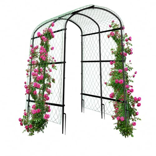 UNHO Tall Garden Arch Trellis for Climbing Plants, Outdoor Metal Plant Support Archway Garden Arbor Tunnel for for Vegetables Plant Cucumber Trellis with Netting Black