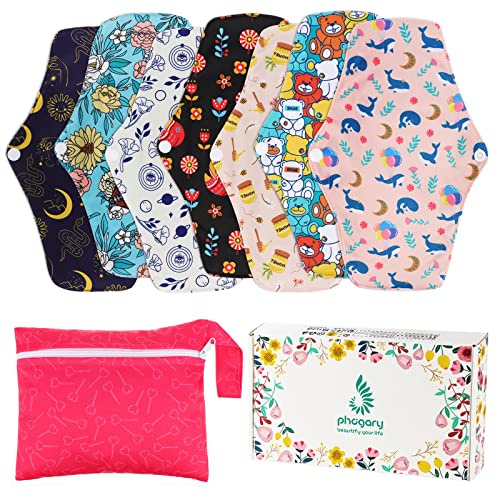 PHOGARY 7 Packs Reusable Sanitary Pads Set with Wings, Bamboo Cloth Pads for Heavy Flow with 1 Wet Bag, Washable Overnight Cloth Panty Liners - 26 cm, 4 Layers