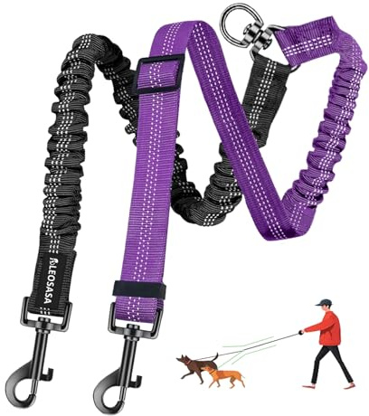 LEOSASA Double Dog Leash - 360°Swivel Tangle Free Splitter Attachment, 2 Dogs Multi-Functional Leashes, Dual Rope for Outdoor Walk Train Small Medium Large Two Pet, Purple