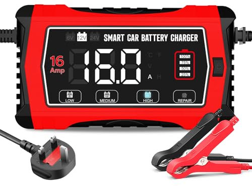 16A Car Battery Charger, 6V/12V/24V Battery Charger for Lead Acid(AGM/Gel/SLA/EFB) and LiFePO4, Automatic Intelligent 10-Stages Trickle Charger Maintainer with LCD Screen for Car, Motorcycle and More