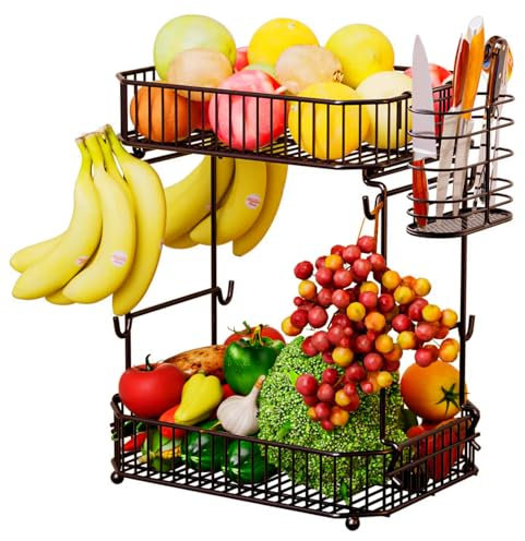 ANJUBAN Schwerer 2-stöckiger Obstkorb für die Küche, mit 8 Bananenaufhängern, mit seitlichem AufbewahrungskorbAbnehmbare Obstschale aus Metall für die Küchentheke zur Aufbewahrung von Obst und Gemüse