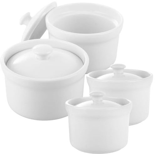 LDHHYH Set of 4 Ceramic Stew Bowls with Lids, 4 Inch Porcelain Soup Bowl, 240ml Ceramic Bowl with Lid for Baking, Dishwasher and Oven Safe, White