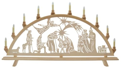 Erzwelt - Lichterbogen DBR83 – Weihnachtsdeko – Motiv Christi Geburt | 80 x 48 x 5 cm – Schwibbogen aus Holz – Leuchtbogen mit 11 Kerzen – handgemachter Original Erzgebirge Fensterbogen