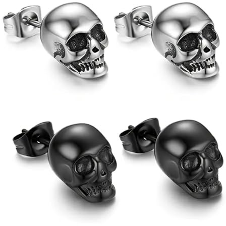 MIRKUZI Boucles d'oreilles pour homme 2 paires de boucles d'oreilles piercing tête de mort pour Halloween, carnaval, homme, boucles d'oreilles tête de mort, boucles d'oreilles hip-hop, punk, jazz