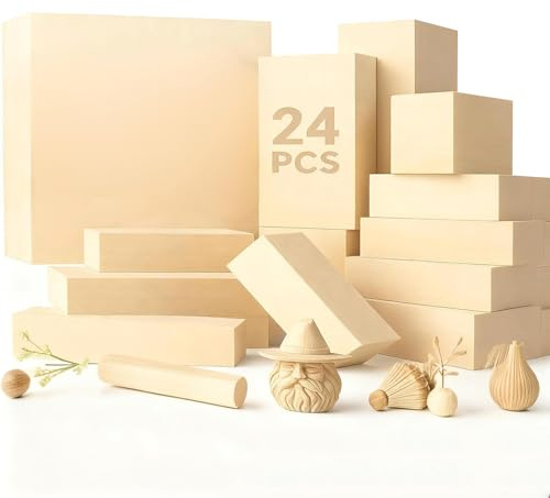 24 Pcs Carving Wood Blocks Kit, 3 Different Sizes Unfinished Wood Blocks for Carvers, Soft Whittling Wood Carving Set for Crafts