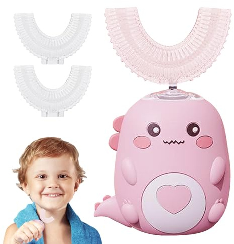 Brosse à Dent Électrique Enfant U-Shaped, Ultrasonique et Design Dinosaure avec LED, Nettoyage 360°, IPX7 Étanche, Minuterie 60s, 3 Têtes, Recharge USB, Bleu/Vert/Rose (Rose 2-6 ans)