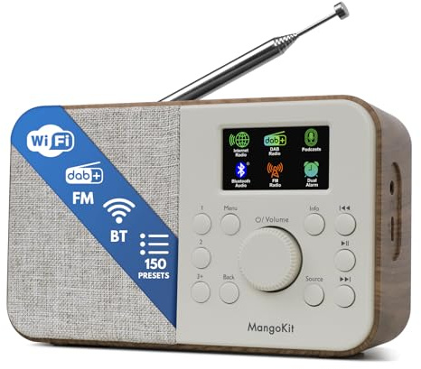 MangoKit SR-L Radio Dab Portátil con Bluetooth – Dab/Dab+, FM & Radio por Internet, 150 Presintonías, Radio Despertador, Radio de Cocina Compacta con Pantalla en Color, Red o Pilas-Nogal