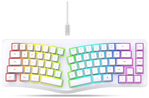 VBESTLIFE Clavier Ergonomique Filaire, Clavier divisé à 69 Touches, Rétroéclairage RVB Vibrant, Plug and Play, Filaire USB C, pour Les Jeux à Domicile et au Bureau (White)