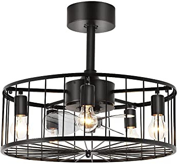 SLFFLS 20'' Farmhouse Fans Industrial Black Caged Bladeless Light with Remote Control Small Chandelier Ceiling Fan Interesting Life for Home Decor