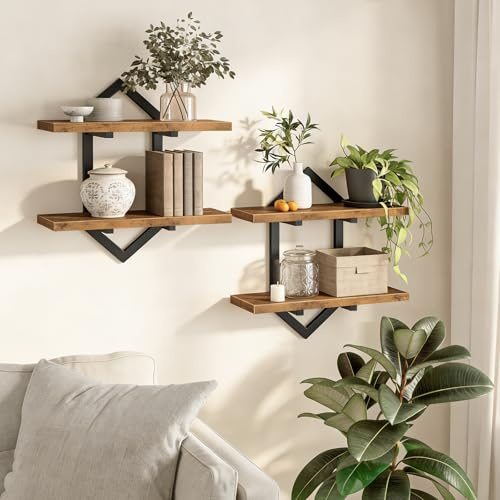 HOOBRO Floating Shelves, 38cm Wall Shelf Set of 2, Wall Mounted Storage Shelves 2-Tier, Hanging Bathroom Shelves, for Living Room, Bedroom, Bathroom, Kitchen, Rustic Brown and Black EBF13BJP201