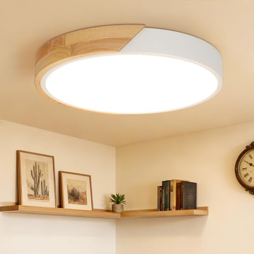 Kimjo Madera Lampara Techo LED Dormitorio Blanco, 24W Plafon LED Techo 30cm