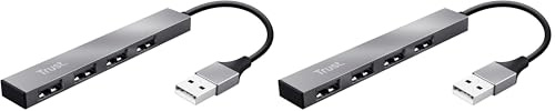 Trust Halyx Ciabatta Multipresa USB 2.0 (Fino a 480Mbps) Ultra-Compatta con Spessore di 7.3 mm, 4 Prese USB, Attacco USB-A compatibile con Macbook, PC, HP, Dell - Argento (Confezione da 2)