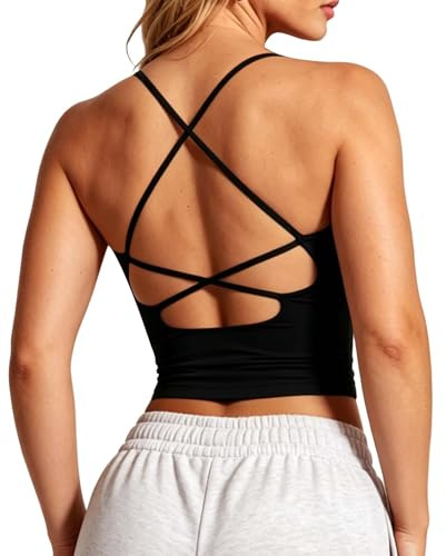 TZLDN Sport BH Damen Gym Top mit integriertem BH Rückenfrei Oberteil Pilate Yoga Built in Bra Top Schwarz M