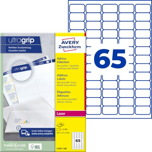 Avery L7651-100 Mini-adressetiketter, 38,1 x 21,2 mm, 6.500 Etiketter, Vit