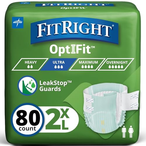 FitRight Ultra Adult Diapers, Disposable Incontinence Briefs with Tabs, Heavy Absorbency, XX-Large, 60-69, 4 packs of 20 (80 total)