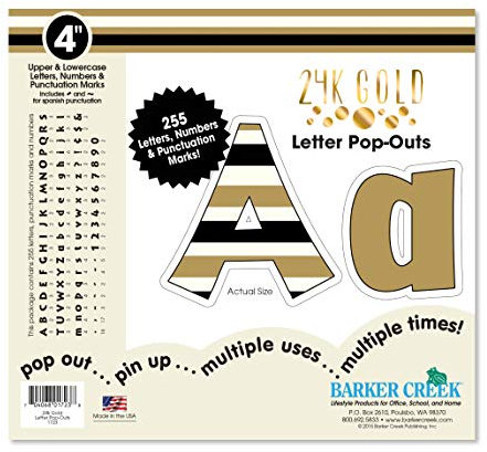 Barker Creek Letter Pop-Outs, 4 Gold, Multicolor Designer Letters for Bulletin Boards, Breakrooms, Reception Areas, Signs, Displays, and More! 4, 255 Characters per Set (1723)