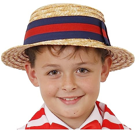 Child's Deluxe Straw Boater Hat - Straw Styled Hat With Blue and Red Striped Band - Perfect for Victorian Themed Fancy Dress
