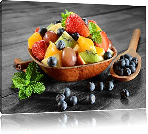 Pixxprint Obst in Holzschale, Größe: 60x40cm, Leinwandbild, fertig gespannt, Wandbild, Dekoration, Kunstdruck, kein Poster