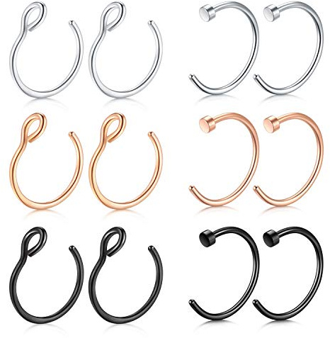 Mayhoop 12Stk 20G 8mm Nasenpiercings Fake Nasenring Silber/Rosegodl/Schwarz Edelstahl Fake Piercings Nase Face Piercing Nase Lippe Ohr Ring Hoop für Männer Damen