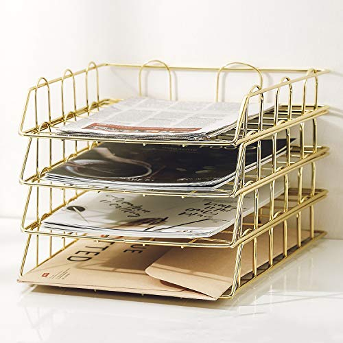 Jolitac Rose Gold 4 Ebenen Stapelbare Papierablage Schreibtisch Organizer Arbeitsplatz Dekorative Stapelregal Zubehör Halter Metall Briefablage für Dateien Dokumente zu Hause & Büro (Gold)