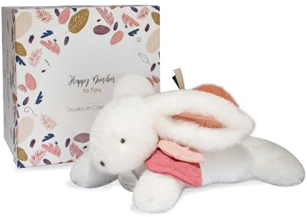 DOUDOU ET COMPAGNIE - Peluche Doudou Lapin Happy Boho - Blanc et Terracotta - Collection Happy Doudou To You - Peluche Douce et Mignonne - Idée Cadeau de Naissance Bébé - DC3736