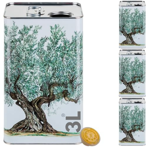 acquaverde | 3 Lattine per Olio di Oliva, Lattina Bianca con Serigrafia Albero di Ulivo, in Metallo, Contenitore Alimentare, Latta da 3 Litri con Tappo Ermetico e Maniglia