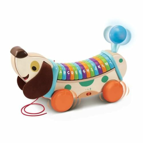 VTech - Min interaktiva ABC-hund, musikalisk dragleksak, interaktiv hund delvis i trä, alfabetet Rigolo uppvaknande-set, baby pojke och flicka present från 1 år - innehåll på svenska