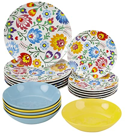 Baroni Home - Juego de platos de 18 piezas en porcelana y gres, juego de platos para 6 comensales, fantasía de flores
