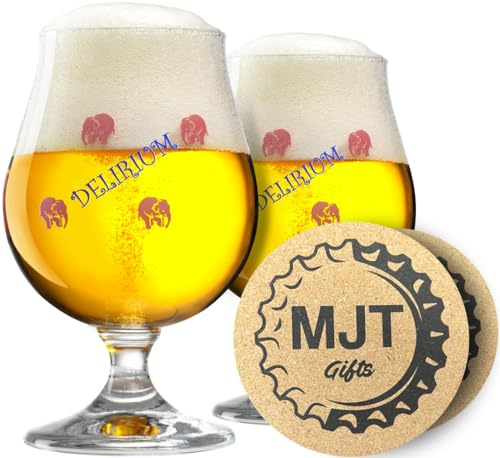 MJT Gifts Delirium tremens belgiska ölglas med ölunderlägg – 0,25 liter – 2-pack
