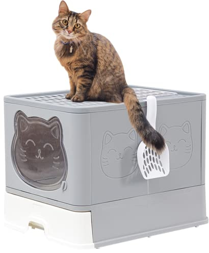 TownTime Lettiera con coperchio, pieghevole anti-schizzi, con carbone attivo che mantiene l'aria fresca, lettiera a forma di cassetto facile e veloce da pulire (Grigio)