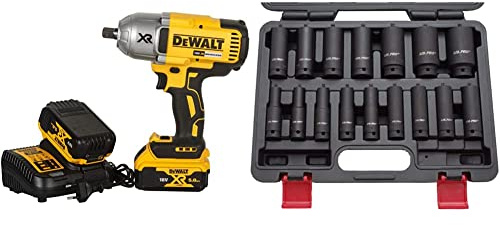 DeWalt - Boulonneuse à Chocs 1/2' Brushless XR 18V 5Ah Li-ion & US PRO B1340 Jeu de 16 douilles à choc 1/2 de 10 à 32 mm