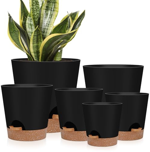 YNNICO Selbstbewässernde Pflanzgefäße für den Innenbereich mit Ablauflöchern und Untersetzern, 20,3 cm, 17,8 cm, 16,5 cm, 14,9 cm, 14,9 cm, Schwarz, 6 Töpfe