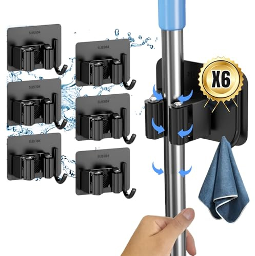AURETS 6X Colgador de Escobas y Fregonas con Gancho Adhesivo - Soporte Pared Adhesivo sin Taladro - Resistente al Agua para Cocina, Garaje y Baño - Acero Inoxidable
