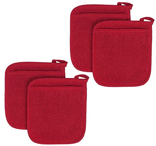 arlote 4Pcs Pot Mat Cotton Cloth Pot Holders Looped Gloves Terry Pot Kitchen Holders Cushion Pocket Tool Potholder Gloves Red