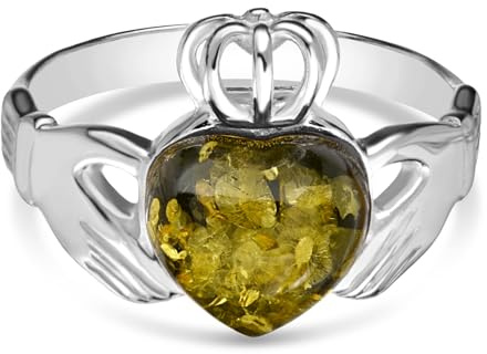 Claddagh-Ring für Damen, baltischer grüner Bernstein und 925er-Sterlingsilber, Baltischer grüner Bernstein, Edelstein-Metall, Sterlingsilber, Bernstein