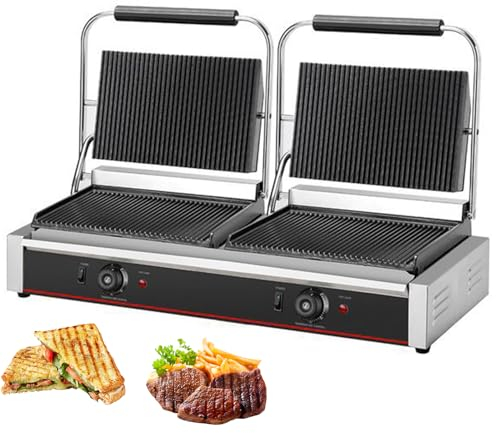 RUYICZB Plancha Grill Doble para Hostelería, Sandwicheras con Placas Antiadherentes, Superficie Ondulada,Temperatura Funcionamiento 50-300 °C, Luz Indicadora, Mango De Toque Frío,4400W