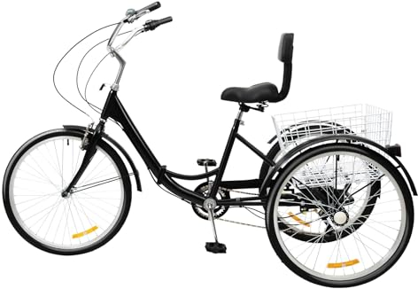 Mermajestic Schwarz Dreirad für Erwachsene 24 Zoll Klappbar 3 Räder 7 Gang Fahrrad Mit LED Licht, Gemüsekorb und Becherhalter (170 * 70 * 103cm)