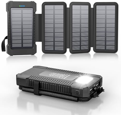 Solar Powerbank 26 800 mAh med 4 solpaneler, USB-C snabbladdning, IPX7 vattentät, ficklampa