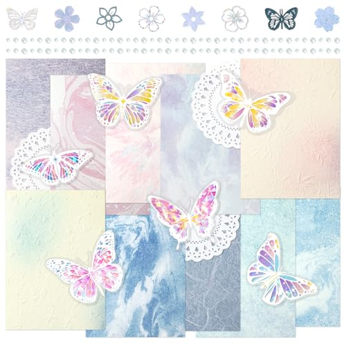 Lot de 2 paquets de papier de scrapbooking avec autocollants papillon brillants, découpes en papier floral, papier de décoration à thème dégradé de couleurs avec motif en relief pour journal (Lilac)