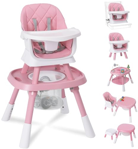 Babyliebe 15-in-1 Baby High Chair, Convertible Highchair for Babies and Toddlers with Activity Center, Booster Seat, Building Block Table, Toddler Chair with Safety Harness, Removable Tray (Pink)