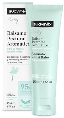 Suavinex, Bálsamo Pectoral para Bebés y Niños, Apto Recién Nacidos, Apto Pieles Sensibles, con Aceite de Manzanilla, Caléndula y Pino, Calma y Ayuda a Respirar, 95% Ingredientes Origen Natural, 50 ml