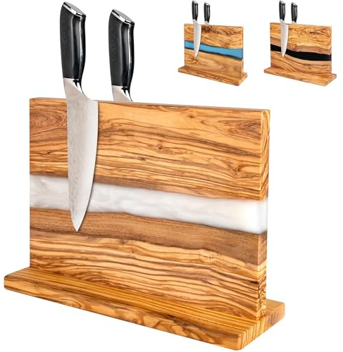 Magnetic Knife Block Stand - Italian Olive Wood Kitchen Knife Holder Rack with Resin Flow Design - Double Sided Strong Magnet Knife Block - Universal Knife Organizer Holds 18 Knives - White Pearl
