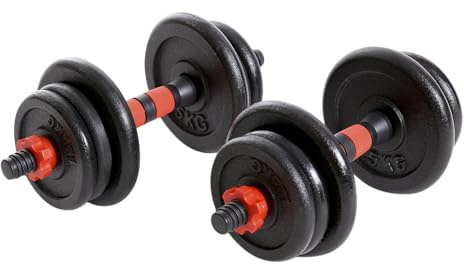 Train Hard® hantlar set om 2 gjutjärn 15 kg/20 kg/25 kg – hantelstång, vikter och stjärnlås räfflade 25 mm svart röd (B:20 kg)