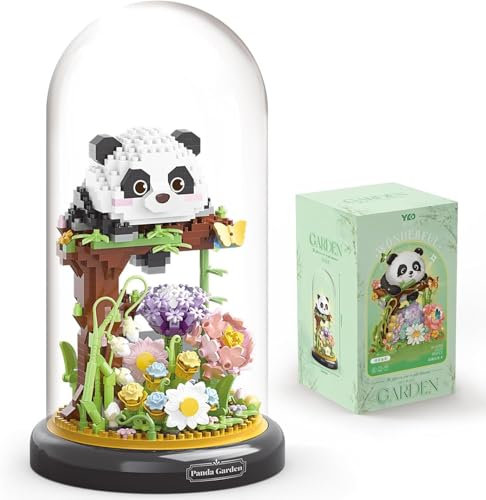 AKOGD Panda Bausteine Bausatz mit Blumen, 999 Teile Tiere Mini Bausteine Modell mit Sockel und Staubschutzhülle, DIY Klemmbausteine Modellbausatz Konstruktionspielzeug für Kinder Erwachsene