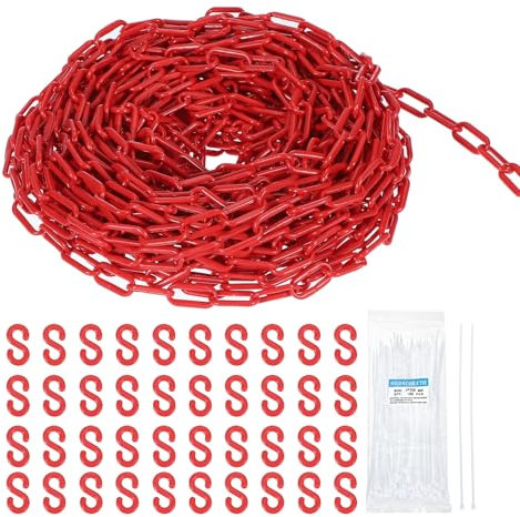 sourcing map Kunststoffkette, 61 m, Sicherheitskette, rot, Kunststoff-Kettenglied-Barriere mit Kabelbindern und S-Haken für Menschenmengenkontrolle, Warteschlangenschnur, Zaundekoration