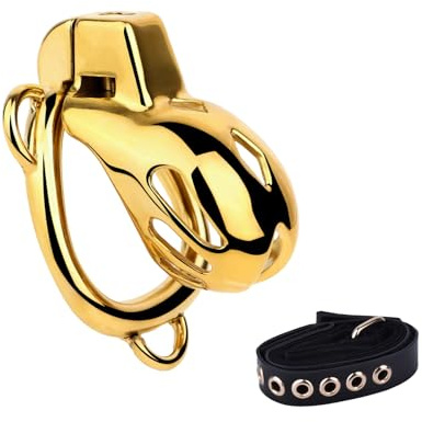 Crysore Peniskäfig aus Metall Männlicher Keuschheitskäfig mit Leine und Verdecktem Schloss Chastity Cage zum Zurückhalten des Penis eines Mannes Sexspielzeug Cock Cage Keuschheitsgürtel (49mm,Gold)