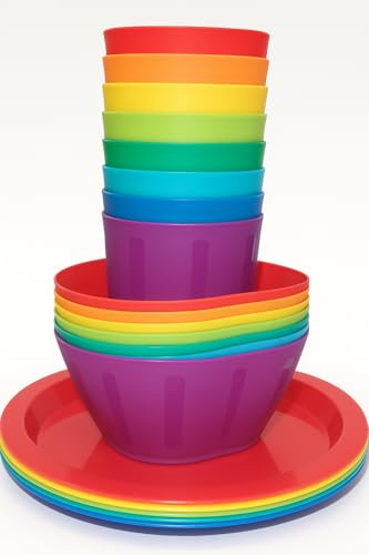 Fingey Piatti e bicchieri in plastica per giardino e picnic, adatti al microonde, colori assortiti, confezione da 8 (24 pezzi)